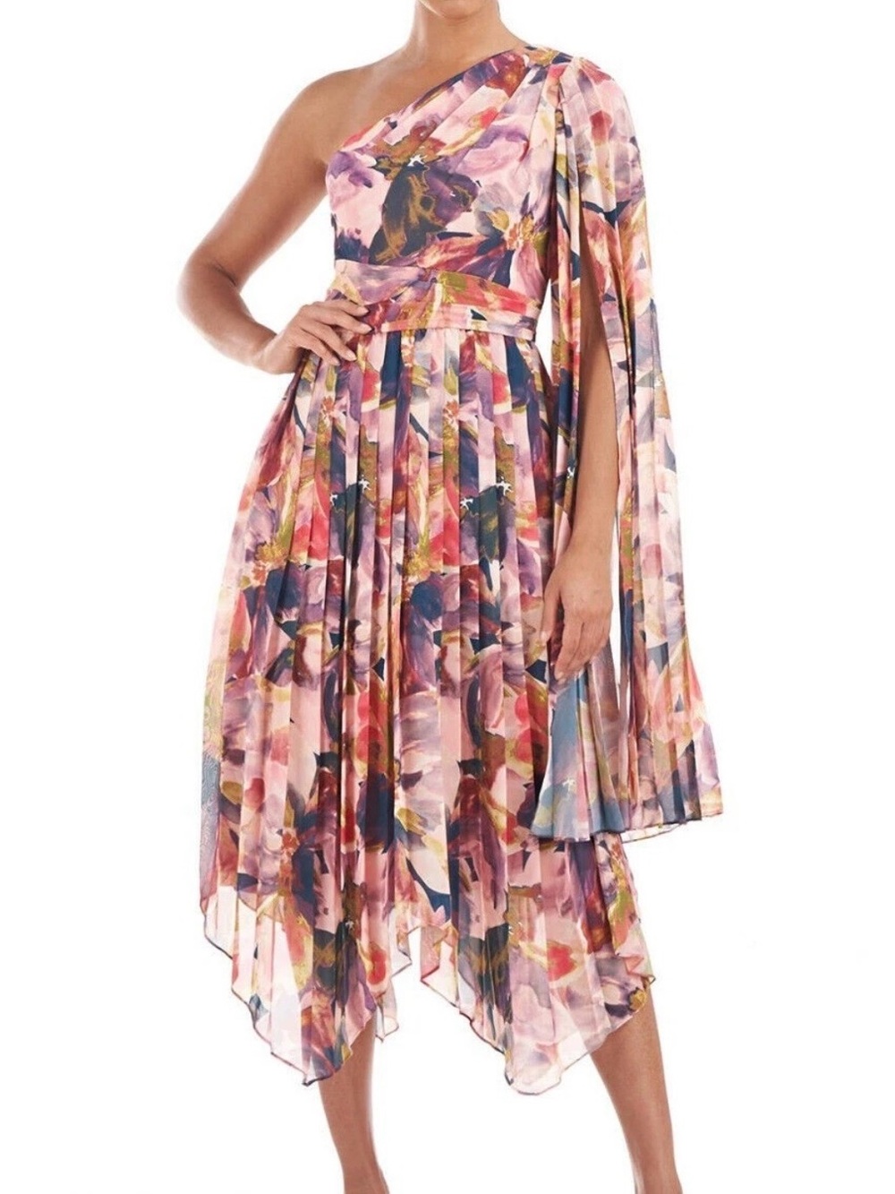 Kay Unger Lilah Rosette Multi Floral One-Shoulder Chiffon Gown Size 10